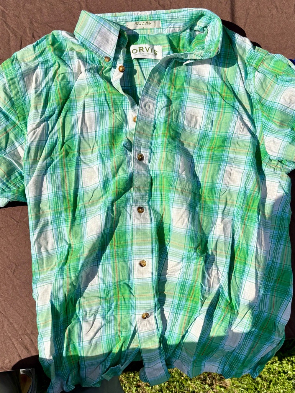 Orvis Mint Green and White Plaid Short-Sleeve Button-Down